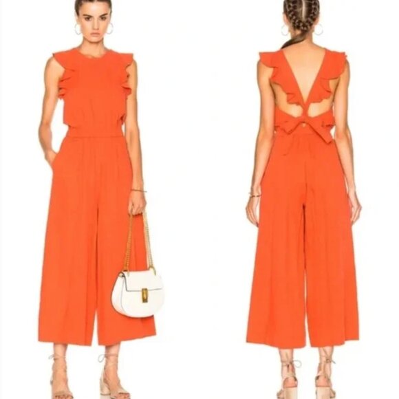 Ulla Johnson Viola Jumpsuit Womens 4 Chili Orange Linen Wide Leg Ruffled Ankle - Picture 4 of 15